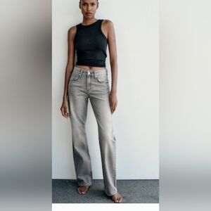 Zara Wide Leg Mid Rise Full Length Light Gray Straight Relaxed Jeans Sz 4 Retro